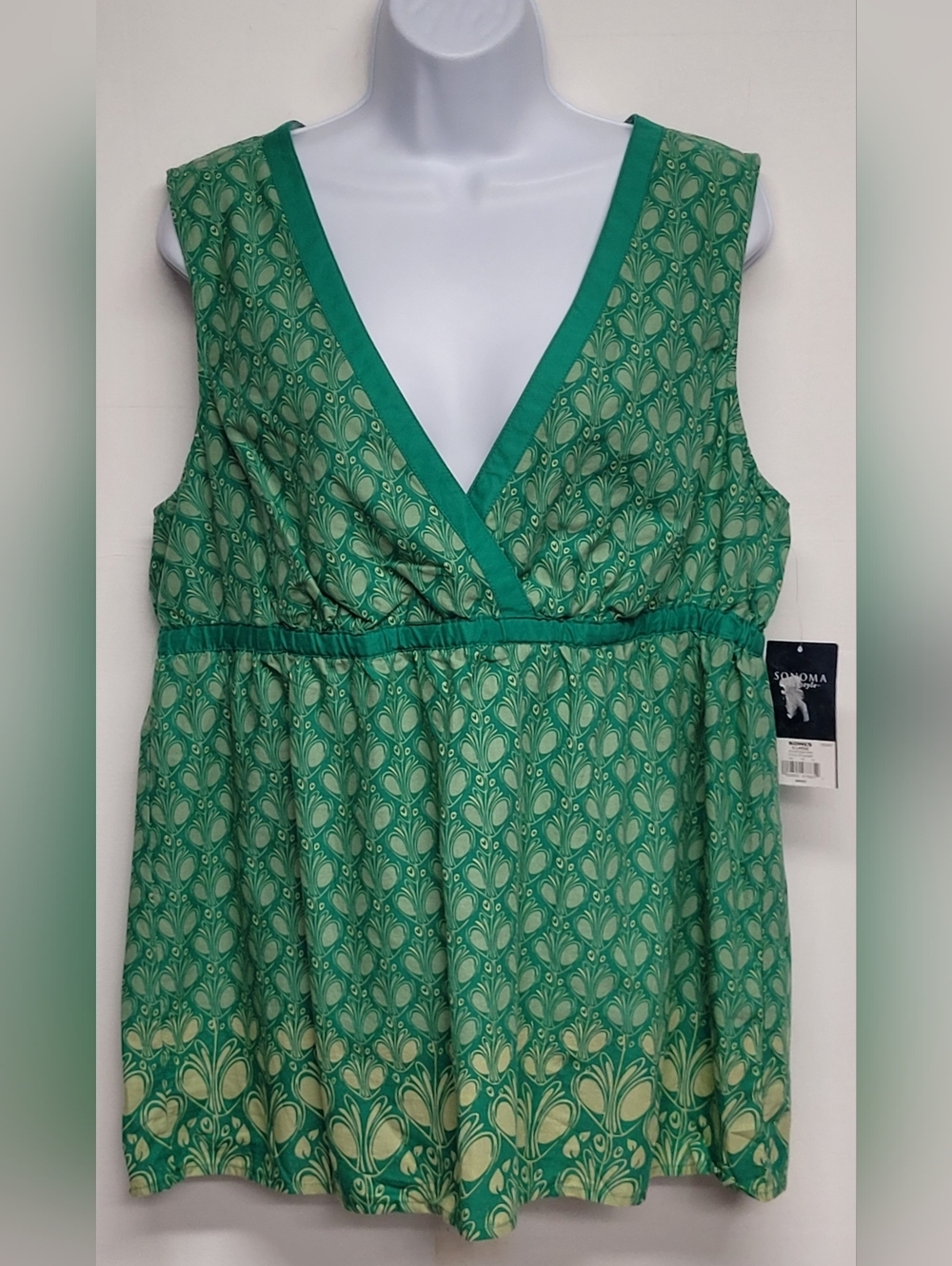 Sonoma XL Top Sleeveless V Neck Empire Waist  100% Cotton Green New